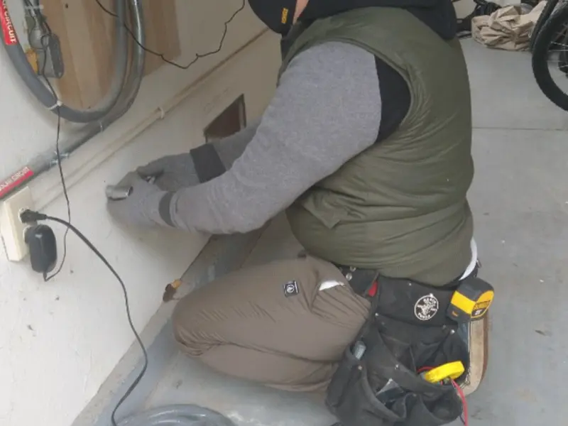 Electrician performing outlet wiring in a Ozark garage